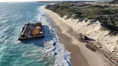 Massive Barge Washes Ashore at Alkimos Beach After Storm Breaks Moorings